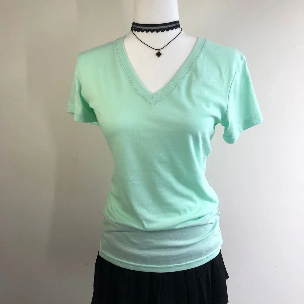 Nike Dri-FIT V-Neck T-Shirt Womens Small Mint Green Cotton Blend Activewear Slim